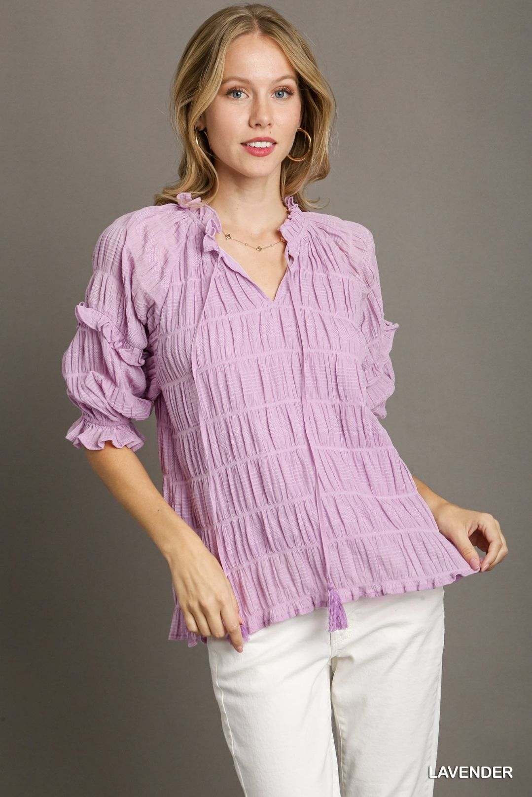 ルエブル LOEUVRE Crinkle Shirring Blouse （LAVENDER） Lavender crinkle top – Andreana's Boutique
