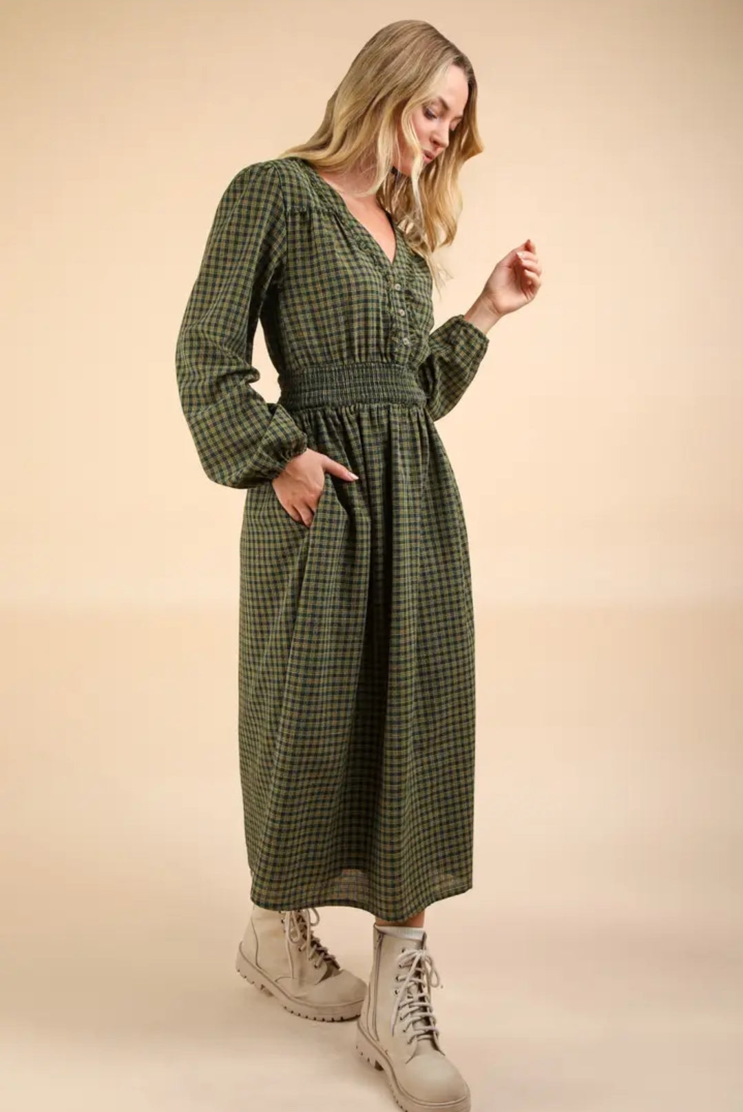 Smocked long sleeve plaid dress
