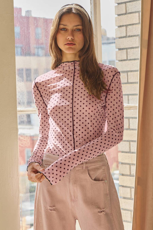 Polka Dot Mesh Turtleneck Top