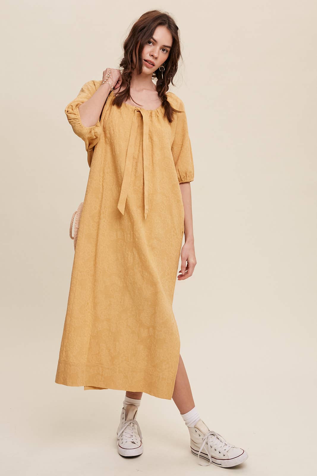 Tie Neck Puff Sleeve Midi Dress in Mustard