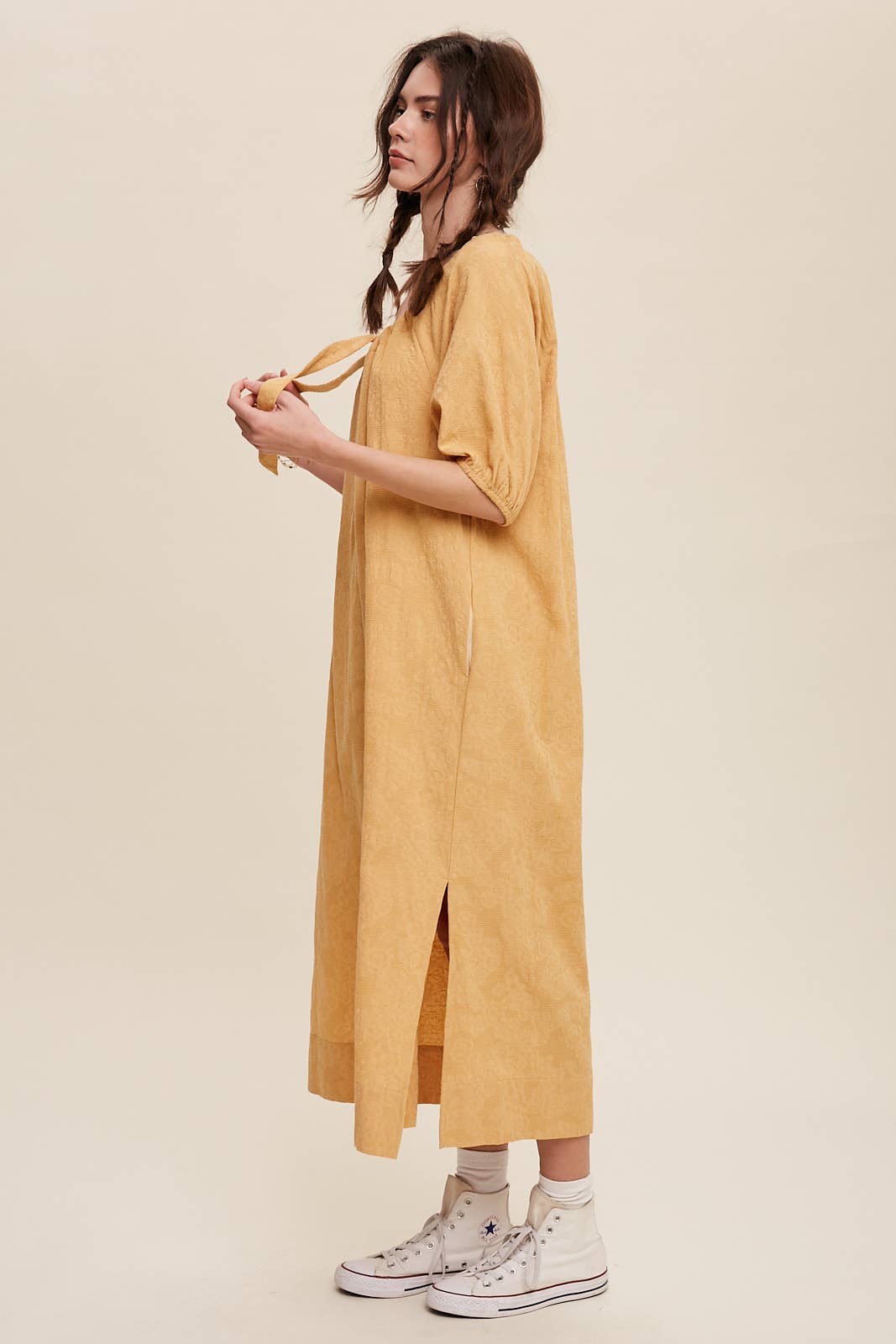 Tie Neck Puff Sleeve Midi Dress in Mustard