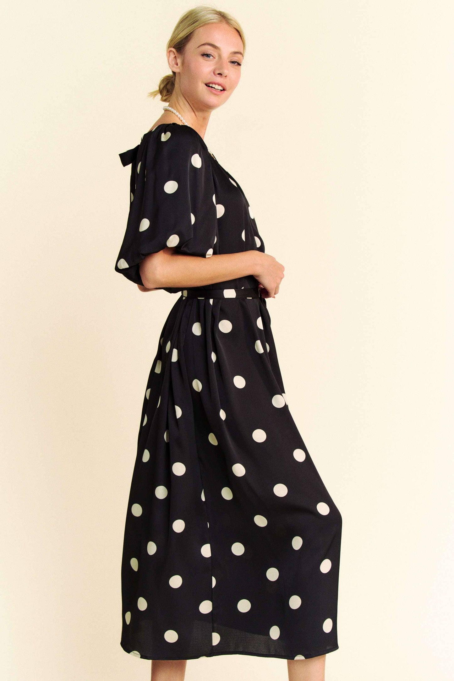 Polka Dot Puff sleeve Dress in Black