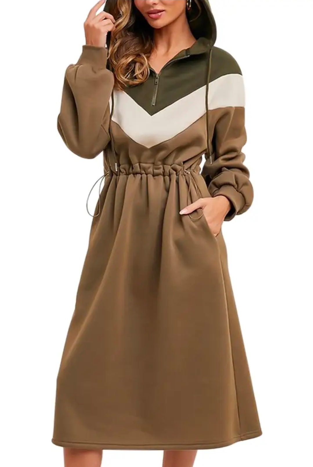 Addie Hoodie Dress in Olive combo