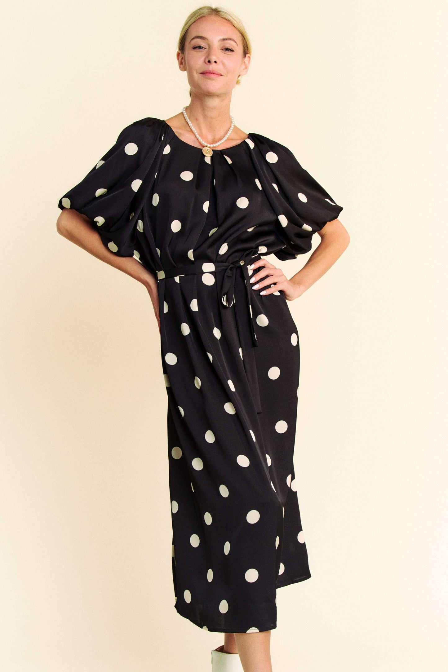 Polka Dot Puff sleeve Dress in Black