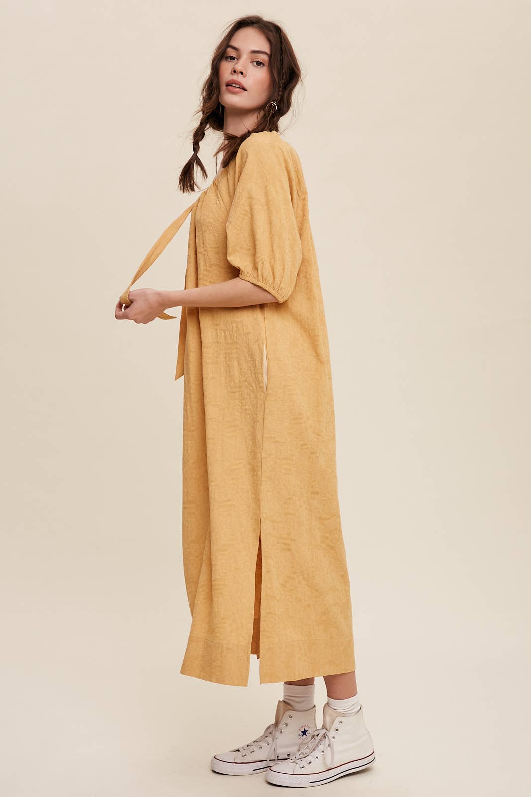 Tie Neck Puff Sleeve Midi Dress in Mustard