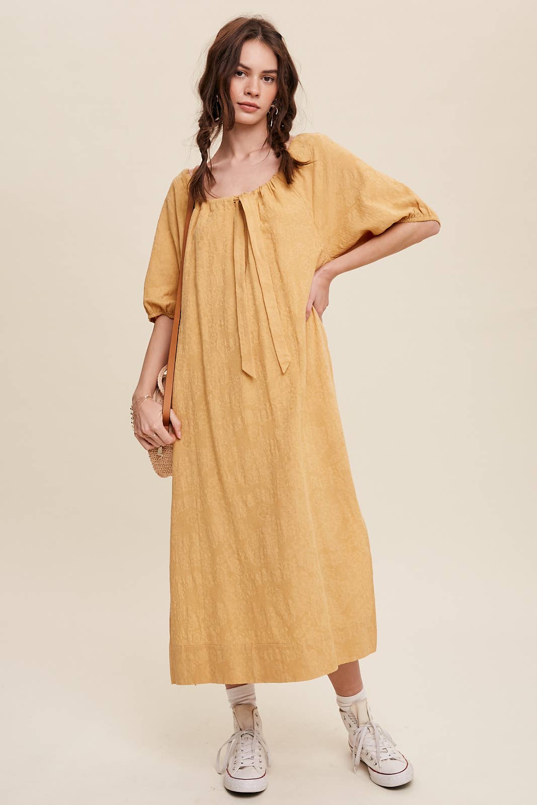 Tie Neck Puff Sleeve Midi Dress in Mustard