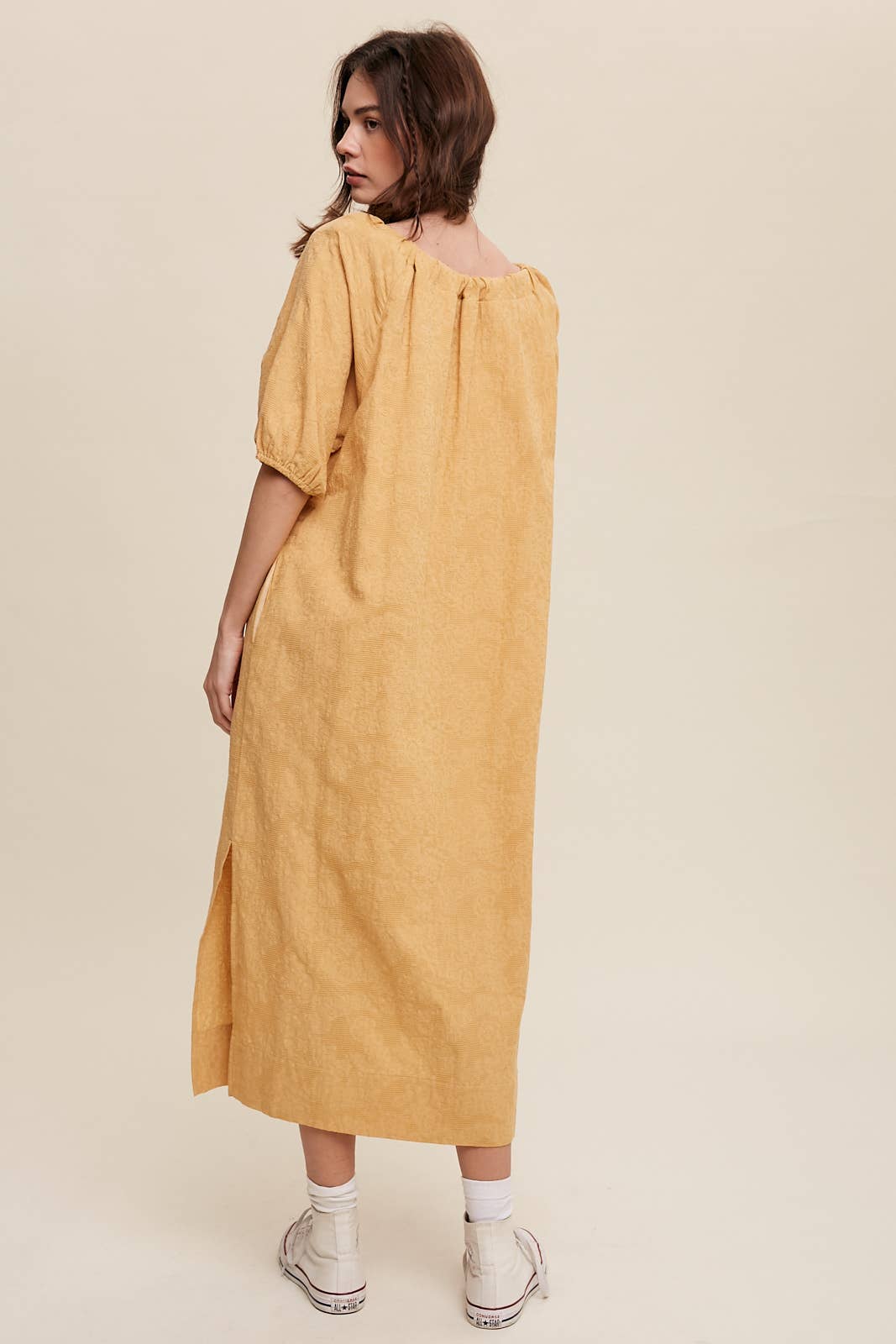 Tie Neck Puff Sleeve Midi Dress in Mustard