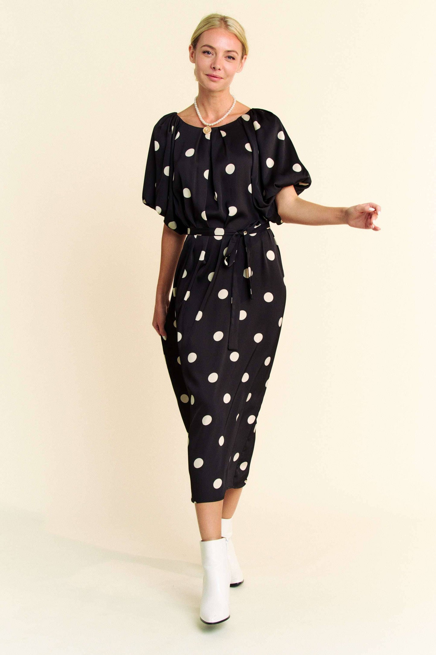 Polka Dot Puff sleeve Dress in Black