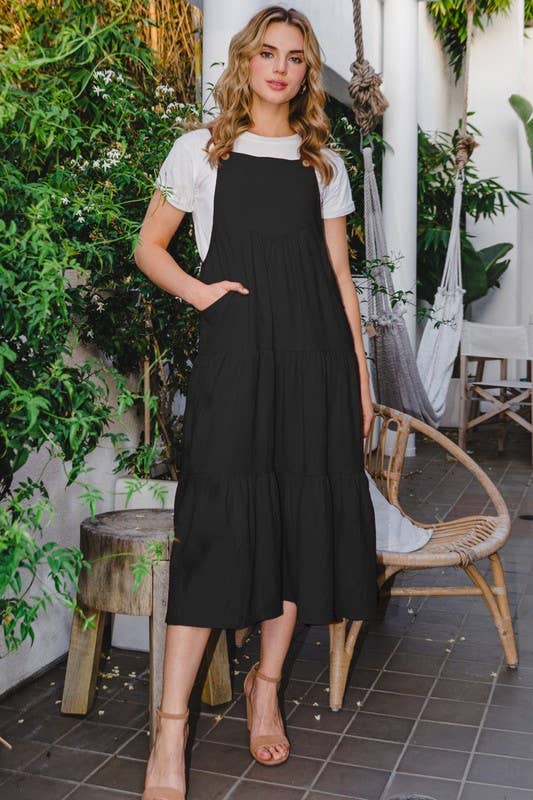 Solid Button Sling Tiered Midi Dress in black