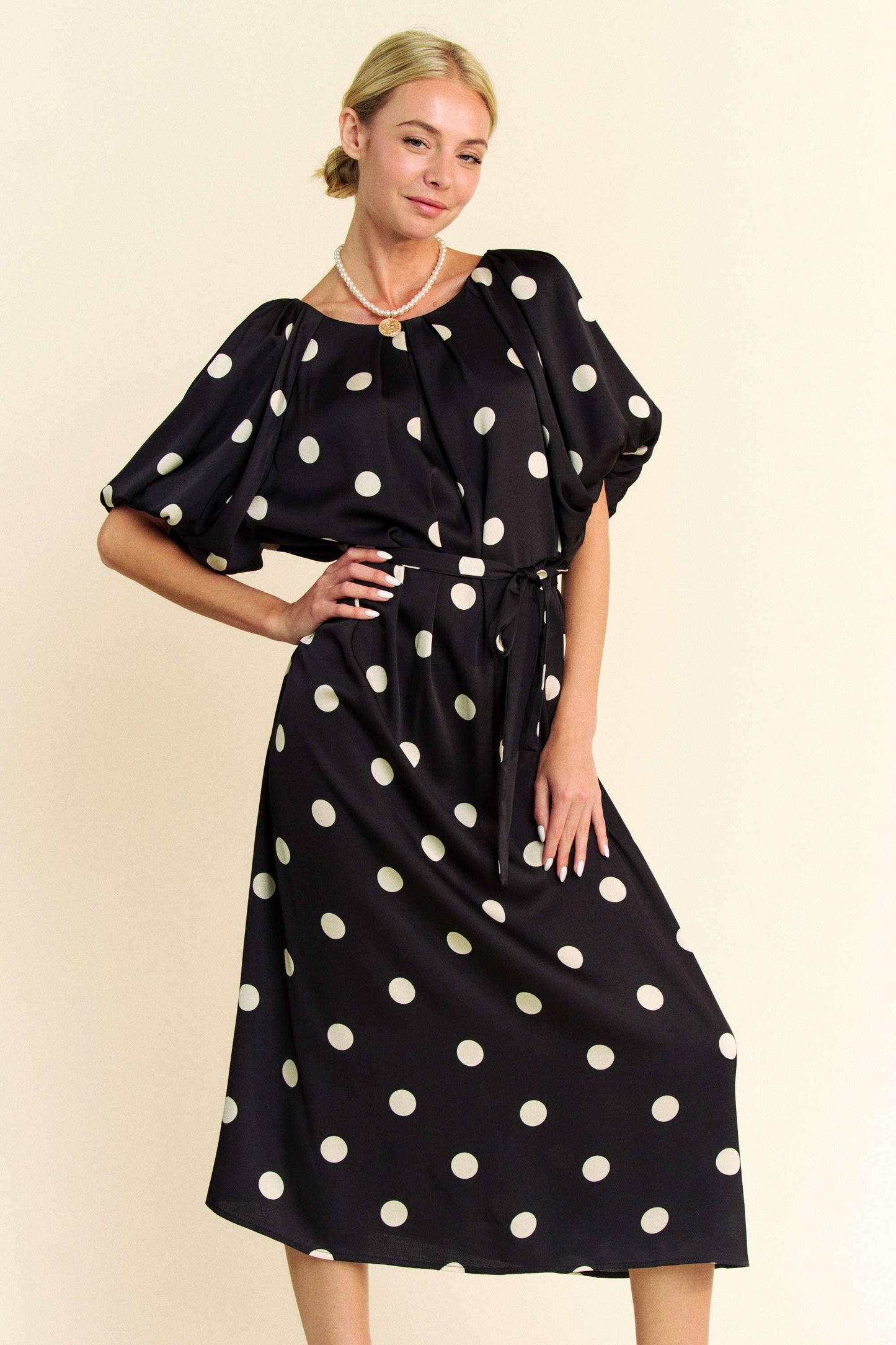 Polka Dot Puff sleeve Dress in Black