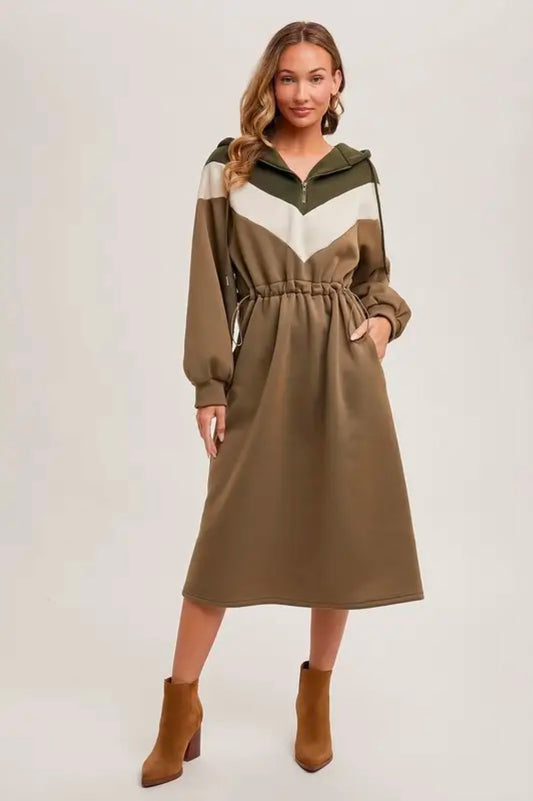 Addie Hoodie Dress in Olive combo