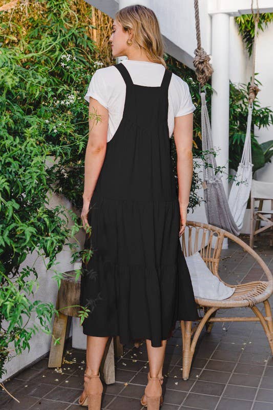Solid Button Sling Tiered Midi Dress in black