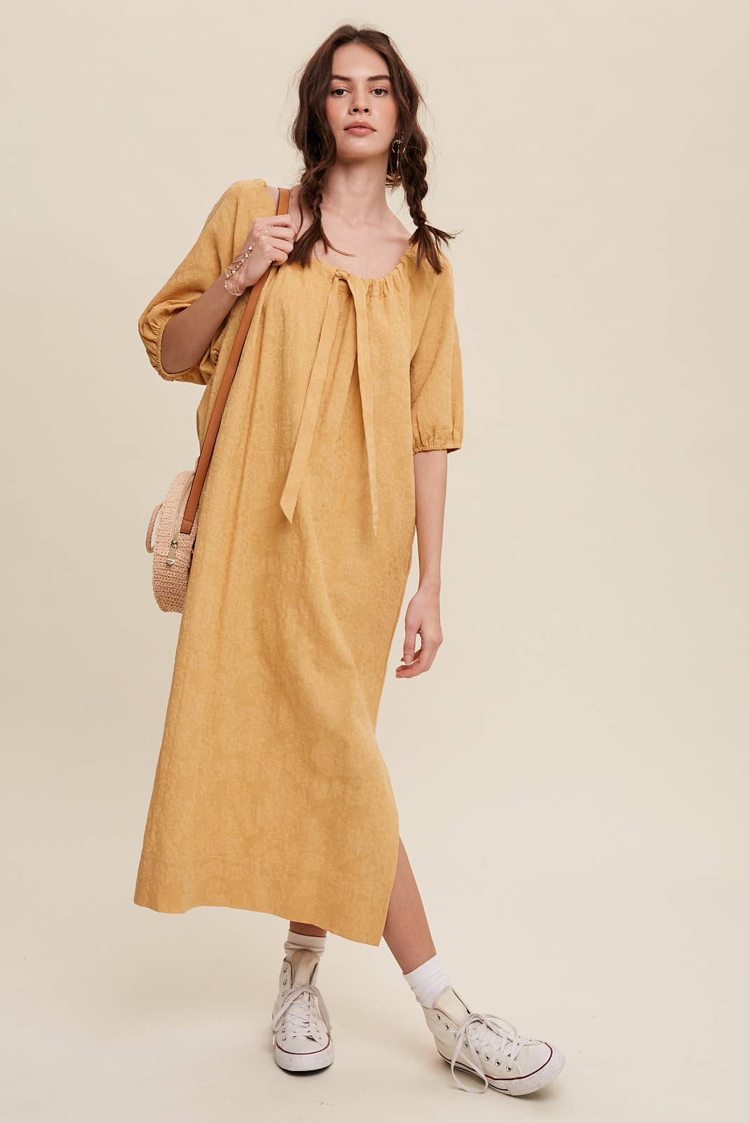 Tie Neck Puff Sleeve Midi Dress in Mustard