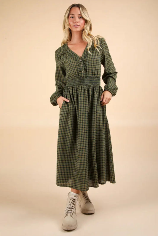 Smocked long sleeve plaid dress