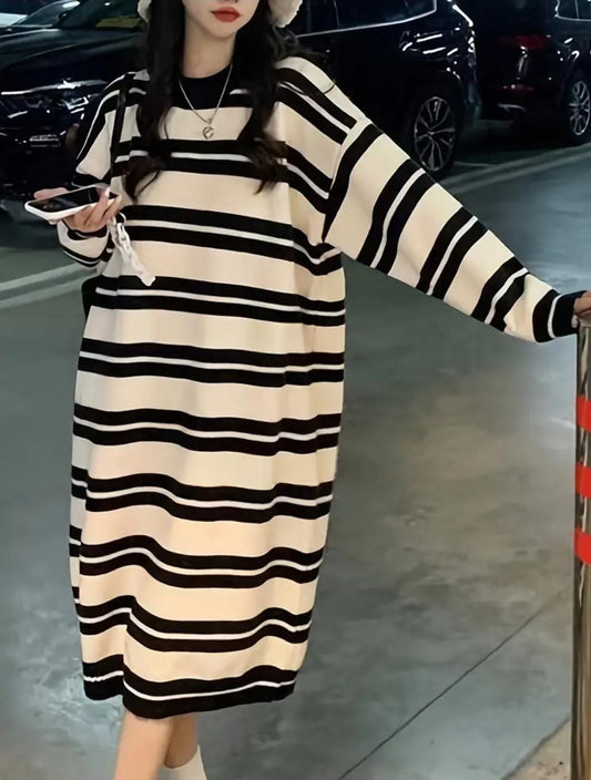 Striped midi dress in cream and Black