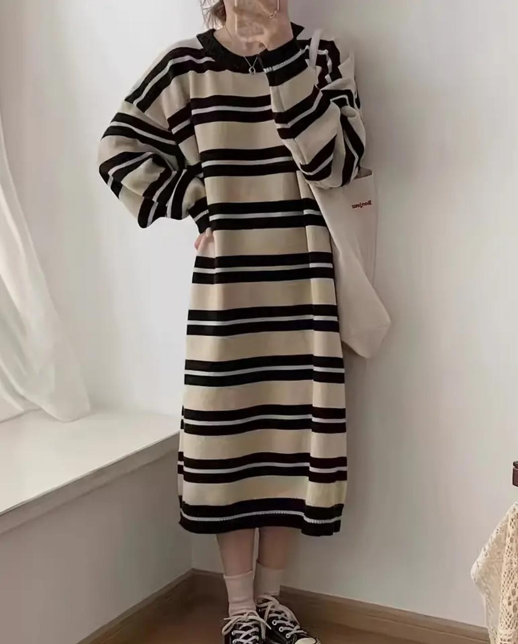 Striped midi dress in cream and Black