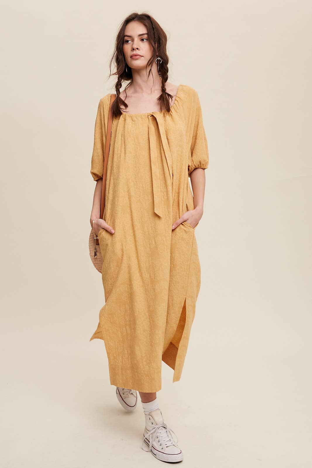 Tie Neck Puff Sleeve Midi Dress in Mustard