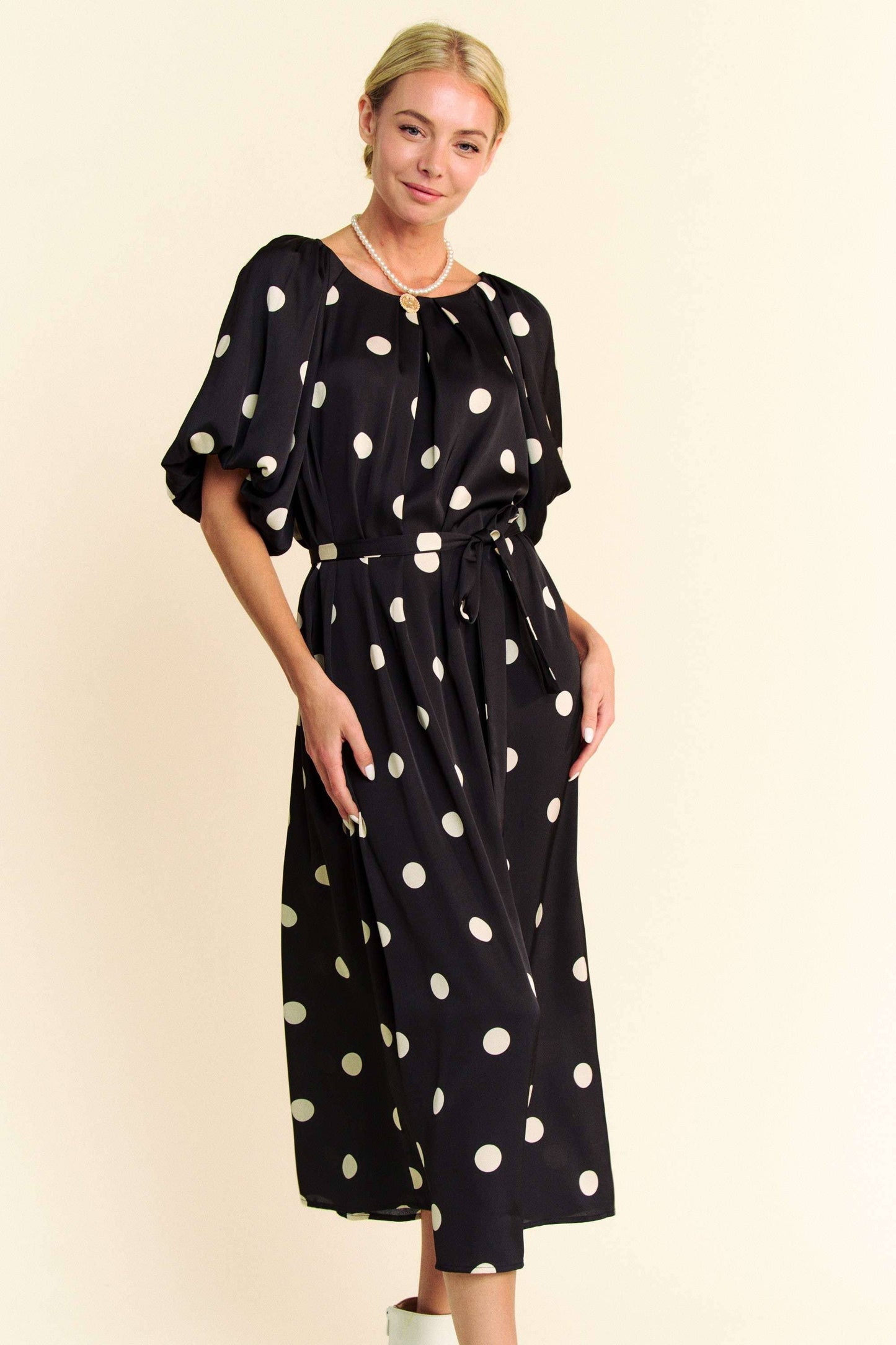 Polka Dot Puff sleeve Dress in Black