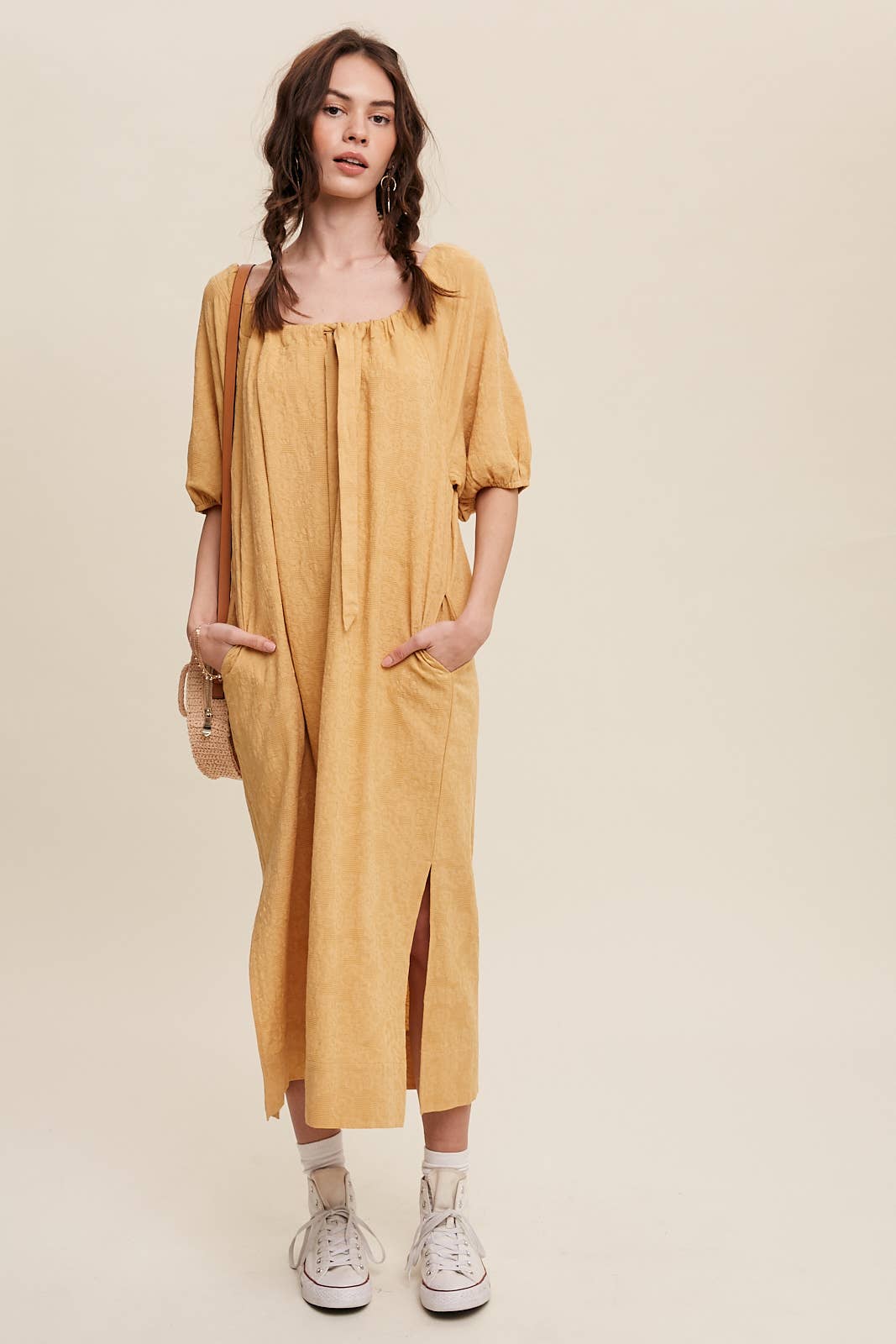 Tie Neck Puff Sleeve Midi Dress in Mustard