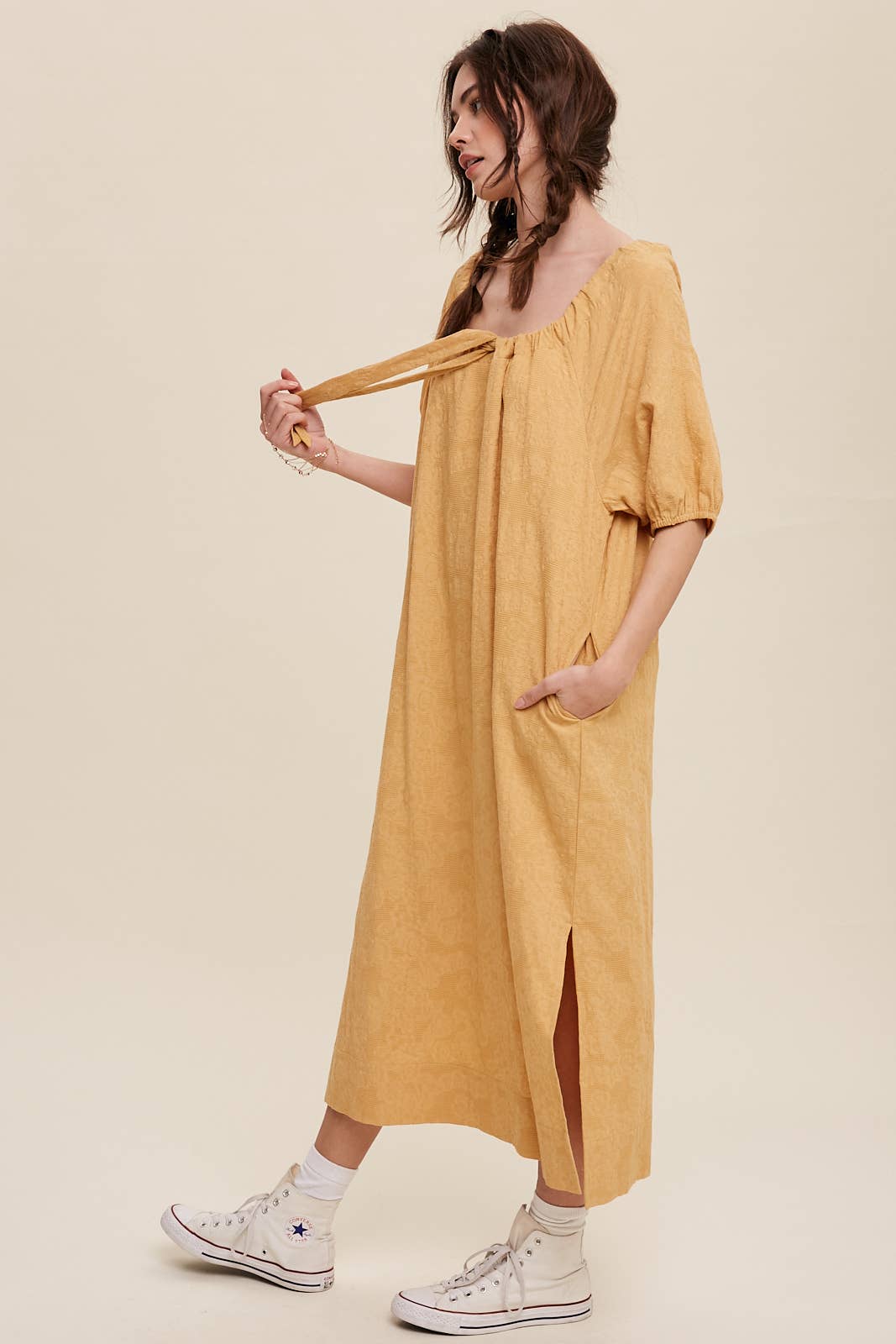Tie Neck Puff Sleeve Midi Dress in Mustard