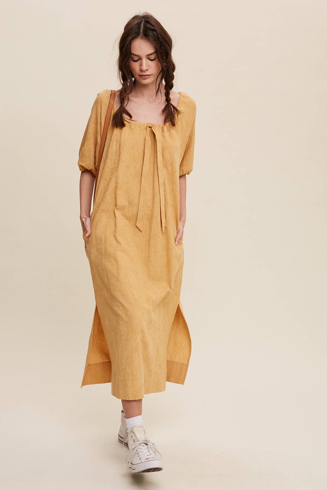 Tie Neck Puff Sleeve Midi Dress in Mustard