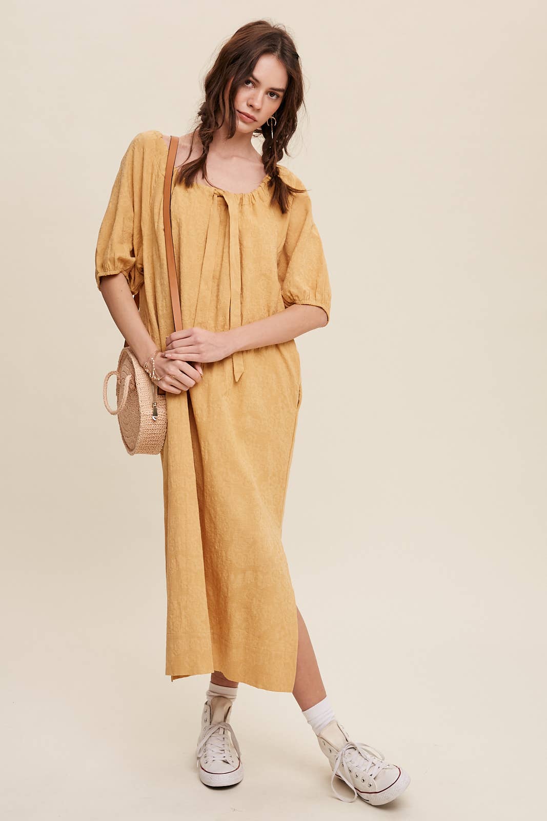 Tie Neck Puff Sleeve Midi Dress in Mustard